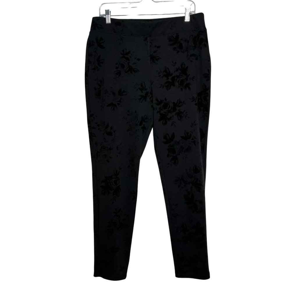 Cato Est 1946 Black Floral‎ Flocked Pull On Slim Leg Pants Womens Large L